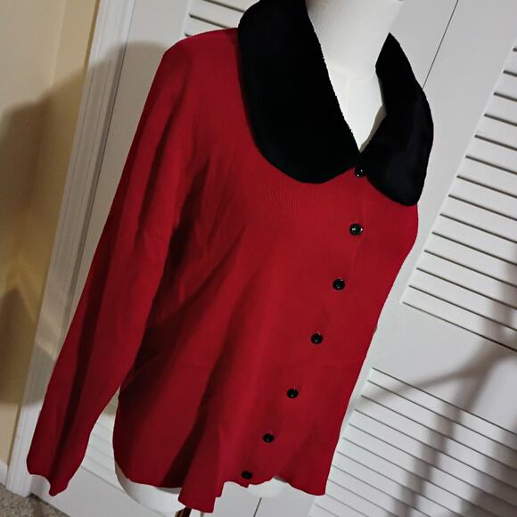 VTG Faux Fur Collar L Red Cardigan Sweater Kathie Lee Collection Cotton Blend - Picture 2 of 13